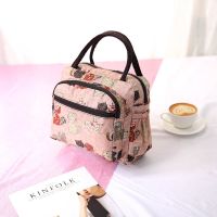 手提包女大容量手拎包饭盒便当包妈咪包女士帆布包加厚防水小布包 五拉链-粉色小猫