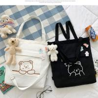 ins帆布包女斜挎学生大容量韩版百搭文艺简约新款双肩单肩手提袋 包包上的腮红熊一个(无包)