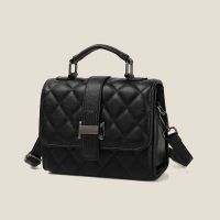 真皮菱格包包女小香风2021新款高级感软皮单肩时尚斜挎小羊皮方包 黑色