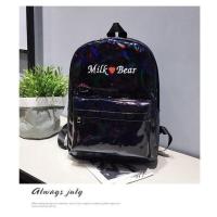 双肩包女潮2020新款港味镭射亮面韩版高中学生书包女校园潮流背包 黑色