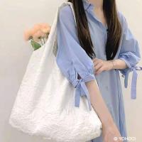 韩风简约ins治愈奶油黄色夏季百搭大容量单肩帆布袋包包书包女 白色