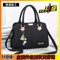 女包2021新款潮百搭高级真皮质感斜挎单肩手提中年大容量女包 黑色(赠钱包+口红+卡包)