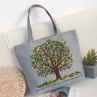 新款拉链手提大包包购物袋女士环保涂层帆布包大容量单肩手提包包 黄绿大树
