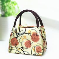 韩版梯防水布艺手提包包女士便当包手拎饭盒袋妈咪包大容量午餐包 普通款-单拉蝴蝶玫瑰