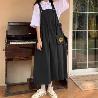 日系背带连衣裙2022新款女学生韩版宽松长款到脚踝学院风两件套夏 黑色背带裙+送小黄花包包 单背带裙 XS 65-80斤