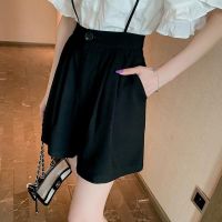 2020夏新款背带阔腿短裤学院风韩版荷叶边套装女花苞袖衬衫两件套 黑色背带裤 S