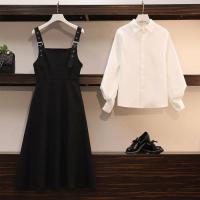 单/大码女装2021春秋新款胖妹妹时尚衬衫遮肚显瘦连衣裙女两件套 黑色背带裙[单件] XXS 30斤以下