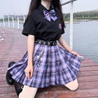 jk制服不良少女百褶裙校服裙子短裙正版原创糖果猫套装学院风12岁 短袖格裙领结腰带链子衣架安全裤发圈 XS 55-75斤