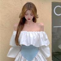 两件套装2022夏季新款漫画女神一字领荷叶边上衣女新款高腰半身裙 单一字肩 S