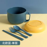 微波炉可加热饭盒男女生学生上班族野餐带盖分格密封防漏便当餐盒 北欧蓝 圆形款-(筷子勺子叉子))