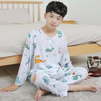 夏季青少年绵绸男士睡衣套装棉绸空调家居服长袖裤薄款中大童学生 小白龙016 100码(适合145-150CM)