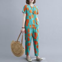 棉绸套装女时尚外穿夏季绵绸睡衣洋气短袖两件套家居服可出门休闲 绿色8906 棉麻 M