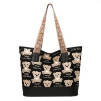 包包女新款2022帆布印花小熊女包包时尚单肩包布包大容量托特包 时尚黑色