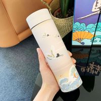 保温杯女ins水杯男学生韩版可爱简约304不锈钢创意家用茶隔杯子 米白色仙鹤 杯子
