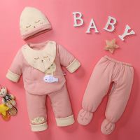 婴儿棉衣套装满月宝宝加厚衣服0-3个月宝宝秋冬棉衣新生儿五件套 小猫钓鱼粉色五件套 0-4个月