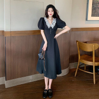 美动态大码女装夏季新款法式娃娃领中长款连衣裙胖mm收腰显瘦裙女