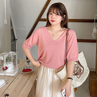 美动态大码女装打底V领短袖t恤2022夏季200斤胖mm宽松内搭针织衫