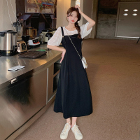 美动态大码女装法式不规则吊带长裙套装胖mm显瘦泡泡袖上衣两件套