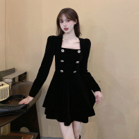 美动态大码女装赫本风连衣裙2022春季新胖MM双排扣丝绒双层下摆裙