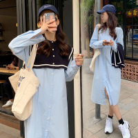 美动态大码女装2022春季新款胖mm学院风针织领披肩长款衬衫连衣裙