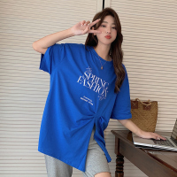 美动态大码女装印花开衩舒适T恤2022夏季新款胖MM时尚显瘦上衣女