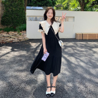 美动态大码女装法式复古浪漫文艺范娃娃领裙子胖mm百搭短袖连衣裙