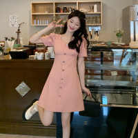 美动态大码牛仔裙连衣裙夏季复古方领泡泡袖可甜可盐显瘦收腰裙女