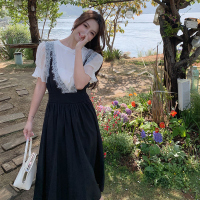 美动态2022大码女装蕾丝轻熟温柔风背带裙套装胖mm百搭连衣裙套装