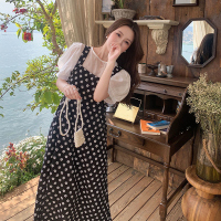 美动态2022大码女装新款方领吊带裙胖mm高腰显瘦百搭碎花长裙套装