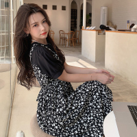 美动态大码女装法式温柔甜美收腰系绳显瘦泡泡袖胖mm假两件连衣裙