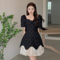 美动态大码女装蝴蝶结短袖连衣裙拼接吊带裙2022胖MM藏肉显瘦裙子