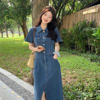 美动态大码女装2022夏季新款定制设计师款简约通勤牛仔连衣裙胖MM