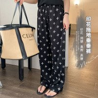 美动态2022夏季新款大码女装200斤胖mm黑色印花拖地垂垂阔腿裤子