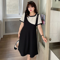 美动态2022夏季新款大码女装200斤胖mm甜酷风假两件背带连衣裙女