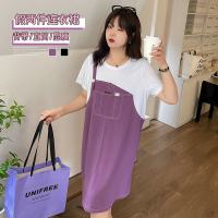 美动态2022夏季新款大码女装200斤胖妹妹拼接T恤圆领假两件连衣裙