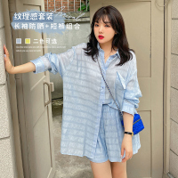 美动态2022夏季新款大码女装200斤胖mm简约百搭衬衫短裤防晒套装