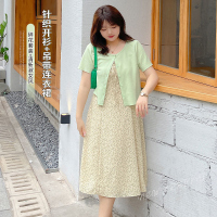 美动态2022新款大码女装胖mm淑女开衫碎花连衣裙时尚两件套套装裙