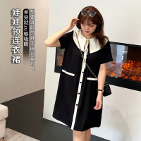 美动态大码女装2022夏季新款200斤胖mm娃娃领黑白撞色连衣裙