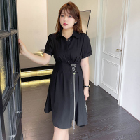 美动态大码女装时尚减龄连衣裙2022夏200斤胖mm甜酷链条收腰裙子