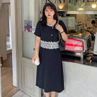 美动态2022夏季新款大码女装胖mm法式赫本风蕾丝拼接小黑裙连衣裙