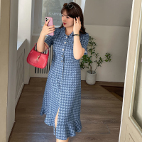 美动态2022夏季新款大码女装200斤胖mm复古千鸟格牛仔鱼尾连衣裙