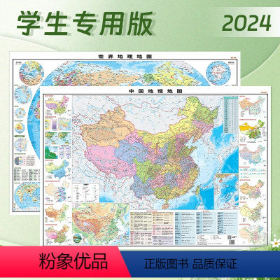 [正版]2024版学生中国地理地图世界地理地图 贴图套装 政区地形 知识点多 覆膜防水 小学中学适用 考点提炼 108