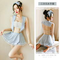 蓝白色(发箍+上衣+短裙+T裤) 均码(建议体重80-120斤) 情趣内衣性性感睡衣床上挑逗激情套装大码制服诱惑火辣服装