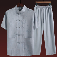 圆圈龙短袖(灰色) 165/39 90-110斤 中老年唐装男士爷爷夏季短袖老人衣服中国风棉麻套装爸爸夏装衬衫