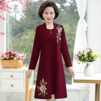 红色 XL(建议105斤以内) 中年妈妈真两件套连衣裙春秋减龄外套披肩中老年人女春装打底裙子