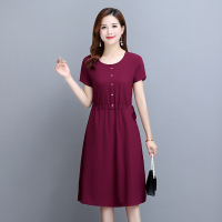 枣红色 XL 妈妈夏装短袖连衣裙中长款洋气40岁50大码胖中年妇女裙子中老年人
