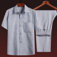 灰色[圆龙款] 39 [90-115斤] 中老年短袖衬衫男士棉麻唐装套装爸爸装中国风夏季亚麻衬衣爷爷装