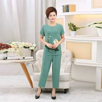 豆绿色 XL [建议90-110斤] 中老年女装夏季套装40-50岁中年人棉麻短袖T恤上衣裤子妈妈装夏装