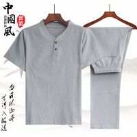 M701灰色 M[建议100以内] 夏季中老年男装亚麻套装男士棉麻爸爸装短袖宽松老人衣服爷爷夏装