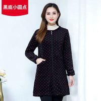 剪毛绒黑底玫红小圆点 M码90斤以内 羽绒服罩衣成人女秋冬韩版拉链外套羽绒服护衣长袖厨房围裙工作服